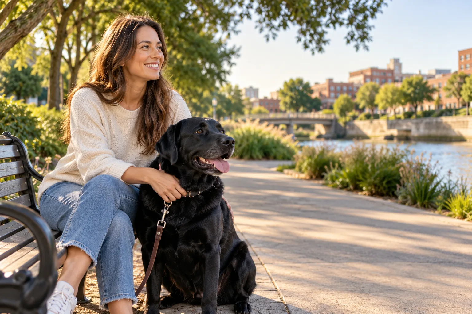 Owner sitting outdoors with a black dog